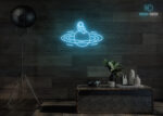 Astronaut Sitting on Solar Neon Sign Ice-Blue