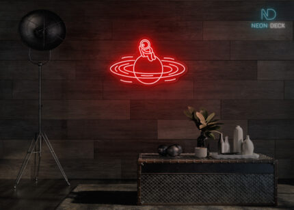 Astronaut Sitting on Solar Neon Sign Red