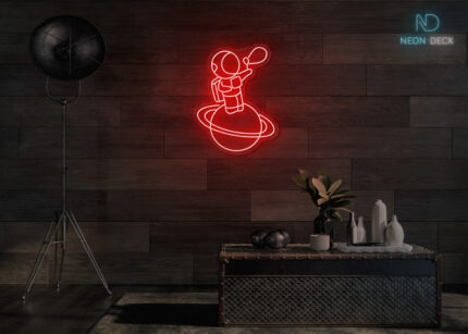 Astronaut with Balloon on Solar Neon Sign Red