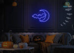 Bat and Moon Neon Sign Dark-Blue