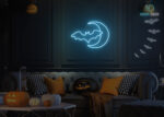 Bat and Moon Neon Sign Ice-Blue