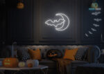 Bat and Moon Neon Sign White