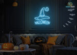 Halloween and Witch Cap Neon Sign Ice-Blue