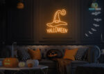 Halloween and Witch Cap Neon Sign Orange