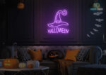 Halloween and Witch Cap Neon Sign Purple