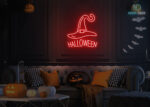 Halloween and Witch Cap Neon Sign Red