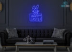 Happy Easter with Rabbit Neon Sign Dark-Blue