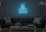 Happy Easter with Rabbit Neon Sign Ice-Blue