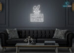 Happy Easter with Rabbit Neon Sign White