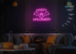Happy Halloween with Bat Neon Sign Hot-Pink