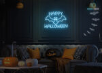 Happy Halloween with Bat Neon Sign Ice-Blue