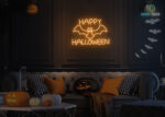 Happy Halloween with Bat Neon Sign Orange