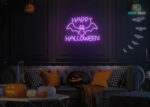 Happy Halloween with Bat Neon Sign Purple