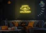Happy Halloween with Bat Neon Sign Yellow