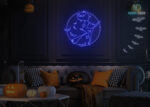 Witch in front of Moon with Bats Neon Sign Dark-Blue