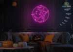 Witch in front of Moon with Bats Neon Sign Hot-Pink