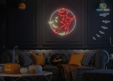 Witch in front of Moon with Bats Neon Sign Multi