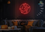 Witch in front of Moon with Bats Neon Sign Red