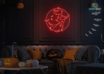 Witch in front of Moon with Bats Neon Sign Red