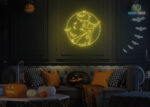 Witch in front of Moon with Bats Neon Sign Yellow